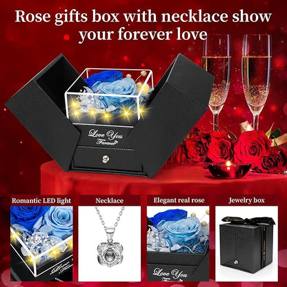 2 Preserved Real Rose with Heart I Love You Necklace- Eternal Rose Birthday Gifts for Women Wife Girlfriend Her Mom on Festivals Gifts Christmas Valentines Mothers Day Anniversary-2 Colour Blue