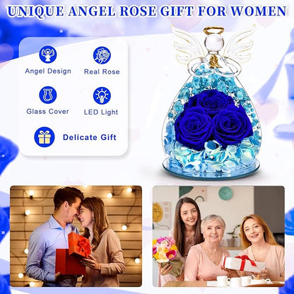 Beferr Christmas Birthday Gifts for Women, Mom Gifts for Christmas Fresh Flowers for Delivery Prime Forever Preserved Rose in Glass Angel Figurine Xmas Gifts for Grandma Wife Sister Her, Dark Blue