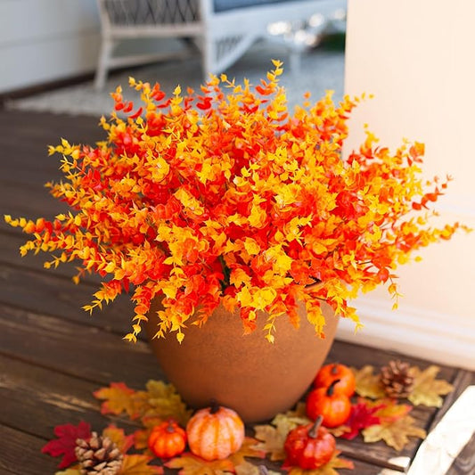 HyeFlora Artificial Fall Flowers Faux Mums for Outdoor Indoor Garden Home Decoration, Faux Flower Daisy with Eucalyptus Leaves Fake Plants Greenery Boxwood Porch Patio, 12 Bundles (Orange Eucalyptus)