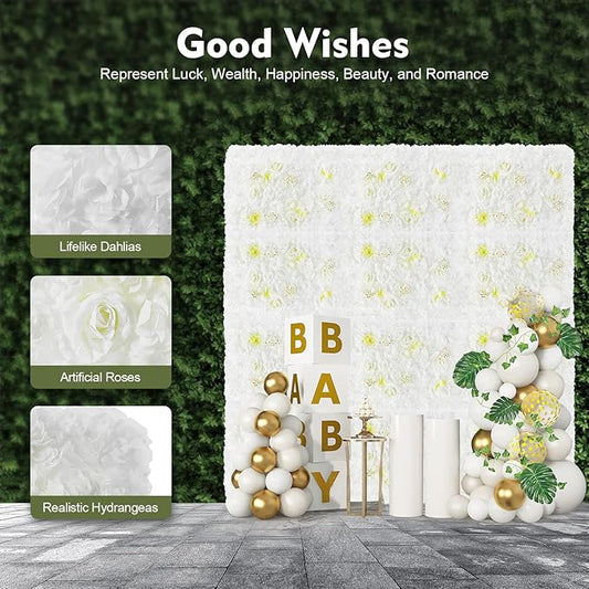 LOYALHEARTDY 12 Pack Artificial Flower Wall Panels 24" x 16" Flower Wall Panel White Wall Backdrop Faux Hydrangea and Rose Flower Backdrop Panels for Flower Wall Wedding Party Event Decoration