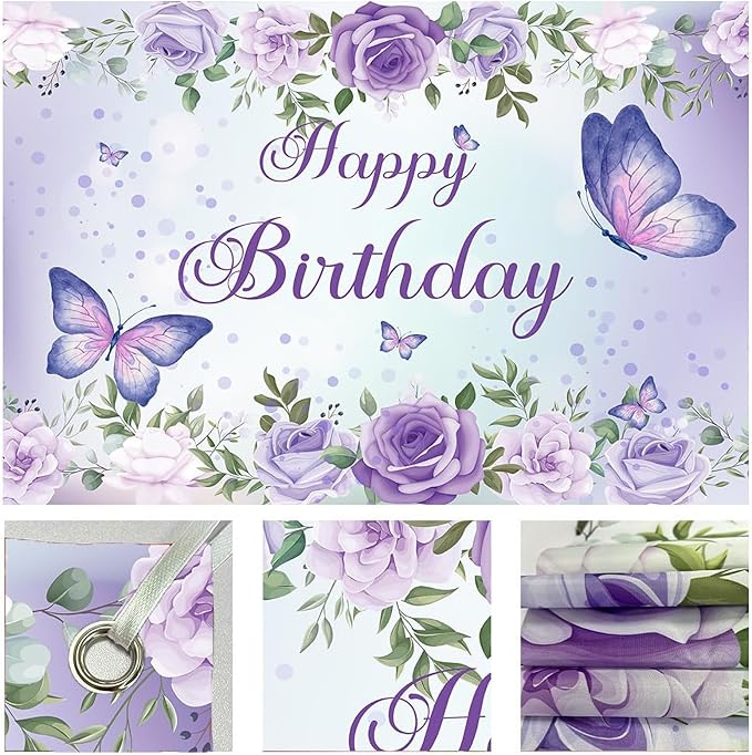 5x4Ft Purple Butterfly Birthday Banner Backdrop for Women Girl Purple Happy Birthday Backdrop Banner Rose Flowers Butterfly Decortions for Girl 's Party 59×47 inch