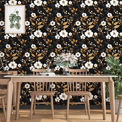 Vintage Black Floral Wallpaper Peel and Stick 17.4" x 118", Retro Golden Leaf White Flower Pattern Contact Paper Classic Removable Covering for Bedroom Bathroom Cabinet Drawer Home Decor Dark