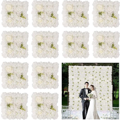 3D Flower Wall Backdrop - 12Pcs Artificial Flower Wall Panel 15 * 15inch Decoration White Roses Wall for Home Party Wedding Anniversary Birthday