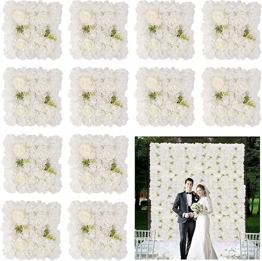 3D Flower Wall Backdrop - 12Pcs Artificial Flower Wall Panel 15 * 15inch Decoration White Roses Wall for Home Party Wedding Anniversary Birthday