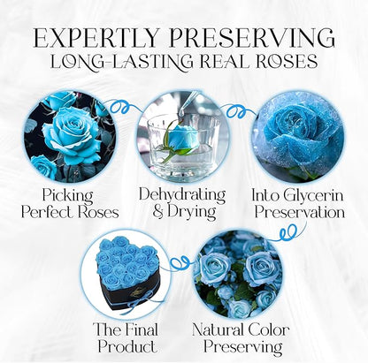 GLAMOUR BOUTIQUE 16 Flower Forever Heart Shape Box - Preserved Roses Gift for Her, Preserved Flowers, Teal