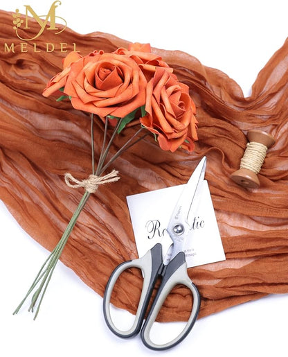 Meldel Artificial Flowers 50pcs Real Looking Burnt Orange Foam Fake Roses with Stems for DIY Wedding Bouquets Bridal Shower Centerpieces Floral Arrangements Home Decorations Crafts