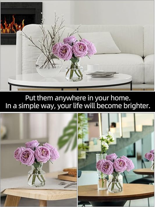 Fake Austin Rose Peonies Flowers with Vase, Clear Glass Vase with Purple Real Touch Peonies Artificial Flowers,Faux Flower Arrangements for Dining Table Centerpiece Decor