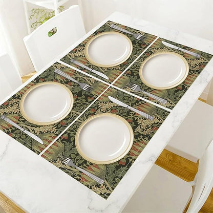 Vintage Boho Florals Placemats Set of 6, William Morris Retro Botanical Plant Foliage Place Mats, Heat Resistant Non Slip Cotton Linen Dining Table Mats for Home Kitchen Party 18x12 Inch