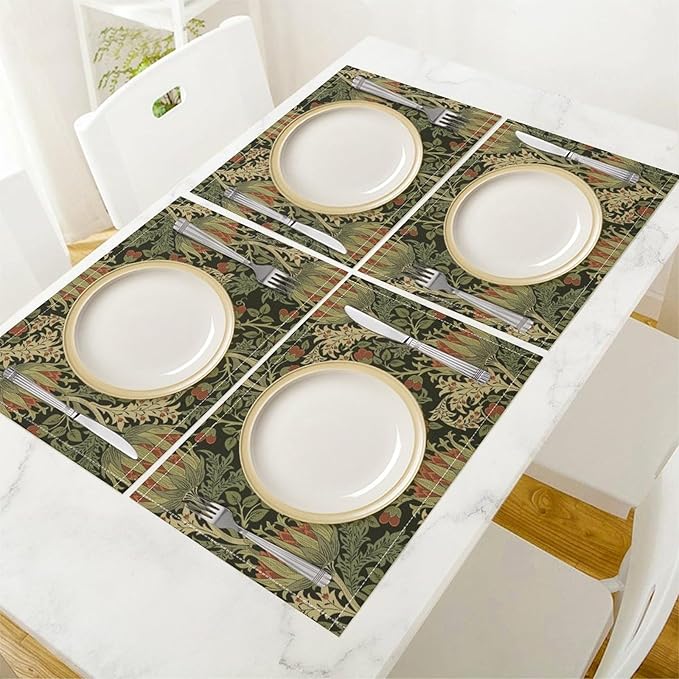 Vintage Boho Florals Placemats Set of 4, William Morris Retro Botanical Plant Foliage Place Mats, Heat Resistant Non Slip Cotton Linen Dining Table Mats for Home Kitchen Party 18x12 Inch