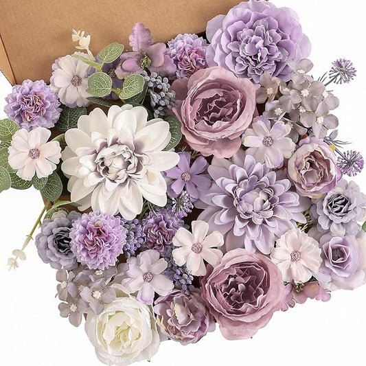 Artificial Flowers Combo Box Set Purple Fake Silk Flower for DIY Wedding Bouquet Arrangements Bridal Shower Party Home Decorations(White Purple Peony)