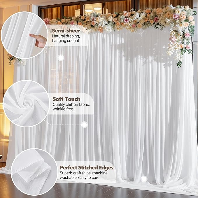 10ft x 10ft Cream White Backdrop Curtains, Wrinkle-Free Sheer Chiffon Fabric Photo Backdrop Drapes for Wedding Arch Party Ceremony Stage Photography Decorations