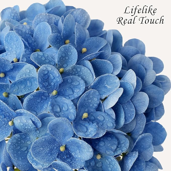 Savoy Blue Boho Artificial Hydrangeas Flowers, 4Pcs 20" Real Touch Lifelike Silk Artificial Hydrangeas, Full Fake Flowers for Bouquets Table Centerpieces Spring Wedding Indoor Home