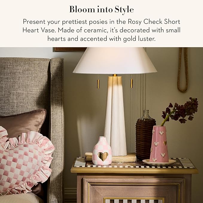 MACKENZIE-CHILDS Ceramic Heart Vase, Unique Flower-Vase Decor, Short, Pink-and-White Rosy Check
