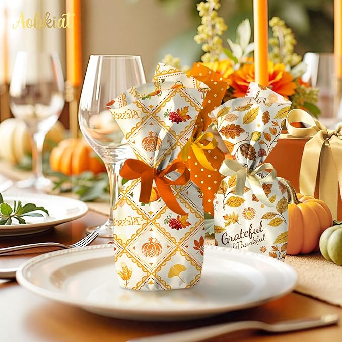 Aobkiat Fall Thanksgiving Tissue Paper for Gift Bags,24 Sheets Pumpkin Maple Leaf Design Paper,Orange Wrapping Craft Paper for DIY, Autumn Harvest Present Packaging,15 x 20 Inch