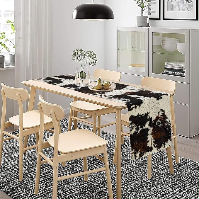 Cow Print Table Runner, Black White Cowhide Print Western Style Table Runner Country Farmhouse Cottage Cow Patten Table Decoration for Home Kitchen Dining, 13x36 Inch