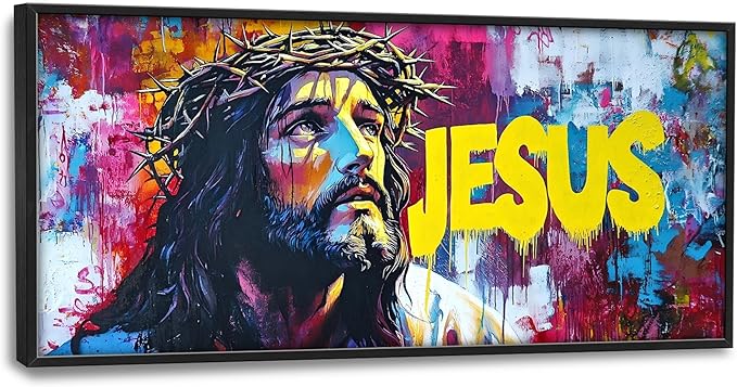 Banksy Jesus Large Wall Art Graffiti Framed Wall Decor for Living Room Pop Street Pictures Oversized Canvas Print Painting Modern Extra Large Framed Artwork for Bedroom Office 60"x30"
