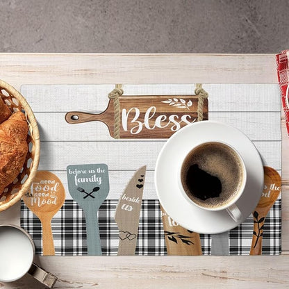 Fork Spoon Kitchen Table Placemats Set of 4 Retro Wooden Tableware Print Placemat Indoor Outdoor Party Home Desktop Dining Room Decoration 12x18 Inch