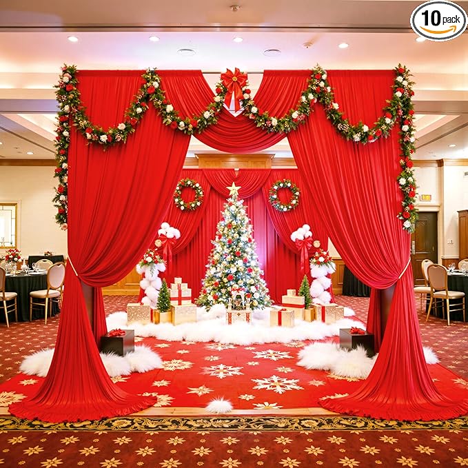 PartyVillage 50ft×15ft ChrismasRed Backdrop Curtain for Wedding Parties, 10 Panels Wrinkle Free 15 FT Long Polyester Photo Backdrop Drapes Back Drop Cloth for Birthday Photography Background