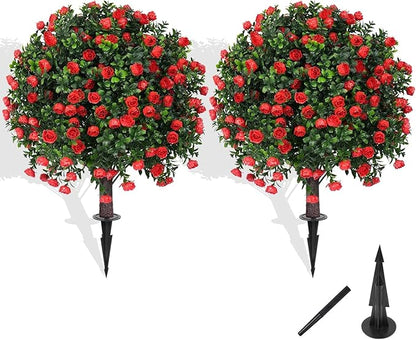 (2-Piece Set) Rose-Shaped Artificial Boxwood Topiary Trees – Designed for Artificial Landscape Shrubs, Shrub Bushes with Ground Spikes, Artificial Flowers