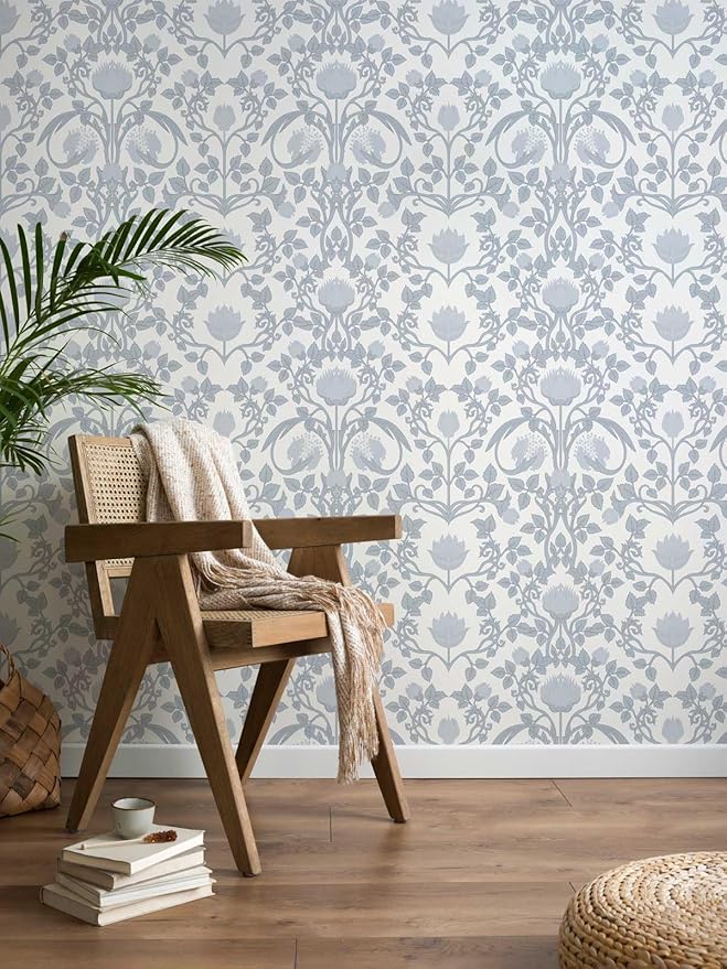17.3" × 393.7" Blue Floral Peel and Stick Wallpaper, Damask Vintage Wallpaper for Bedroom Bathroom Self Adhesive Removable