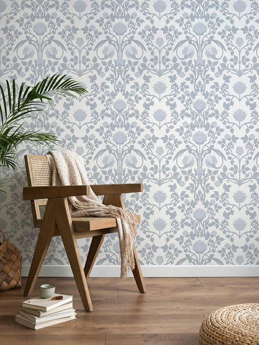 17.3" × 393.7" Blue Floral Peel and Stick Wallpaper, Damask Vintage Wallpaper for Bedroom Bathroom Self Adhesive Removable