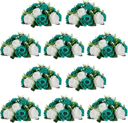 NUPTIO Flower Wedding Centrepieces for Tables - 10 Pcs 9.5in Diameter Teal & White Artificial Flowers Rose Ball for Centerpieces Table - Fake Rose Arrangements for Weddings Birthday Party Decorations