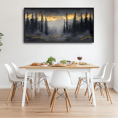 Misty Forests Large Decor Framed Wall Art Gold and Black Pictures for Living Room, Foggy Forest Landscape Oversized Canvas Print Painting Modern Extra Large Framed Artwork for Bedroom Office 60"x30"