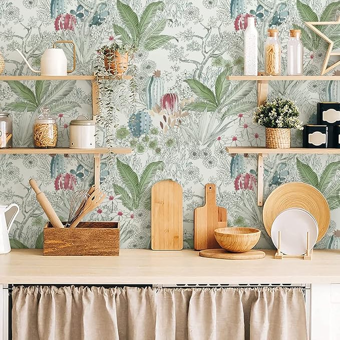 Erfoni 17.7x236.2inch Floral Peel and Stick Wallpaper - Flower Vintage Green Leaf Contact Paper - Self Adhesive DIY Removable Wall Covering for Home