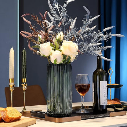 Large Cylinder Ribbed Green Glass Flower Vase for Farmhouse Dining Table Centerpieces Decor