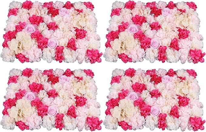 16"x 24" Artificial Flower Wall Panels,Flower Wall Mat Silk Flower Panels for Outdoor Garden Backyard Fence Fence Privacy Screen and Indoor Wall Decor (4Pcs Rose Red+ Pink+ Light Yellow)