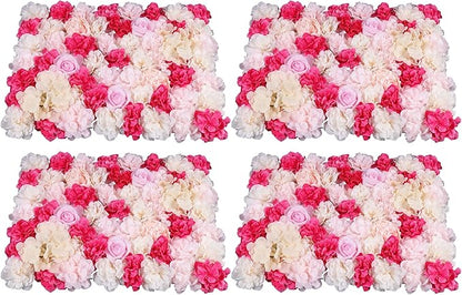 16"x 24" Artificial Flower Wall Panels,Flower Wall Mat Silk Flower Panels for Outdoor Garden Backyard Fence Fence Privacy Screen and Indoor Wall Decor (4Pcs Rose Red+ Pink+ Light Yellow)