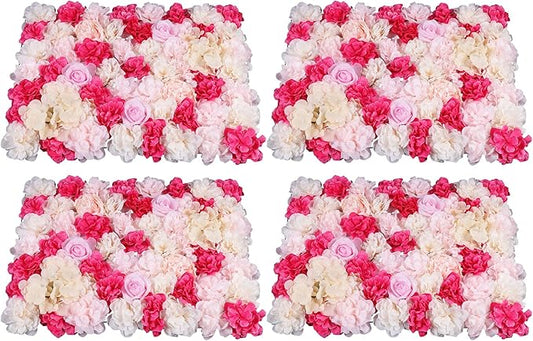 16"x 24" Artificial Flower Wall Panels,Flower Wall Mat Silk Flower Panels for Outdoor Garden Backyard Fence Fence Privacy Screen and Indoor Wall Decor (4Pcs Rose Red+ Pink+ Light Yellow)