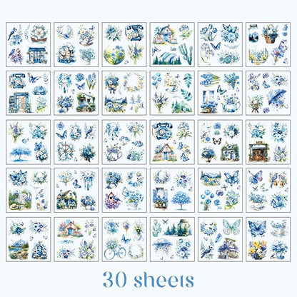Floral Stickers Set,30 Sheets Blue Waterproof PET Clear Flower Stickers for Scrapbooking Journaling Bullet Journal Junk Journal Supplies