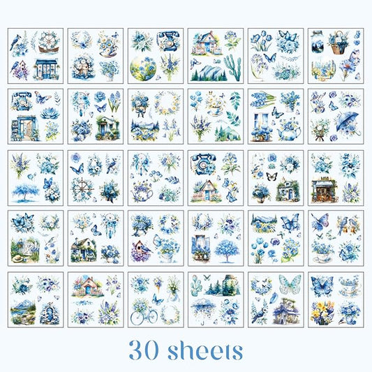 Floral Stickers Set,30 Sheets Blue Waterproof PET Clear Flower Stickers for Scrapbooking Journaling Bullet Journal Junk Journal Supplies