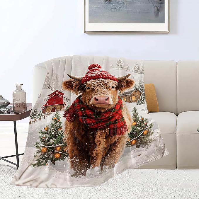Highland Cow Blanket Christmas Cattle Throw Blanket Winter Snow Soft Cozy Fleece Fuzzy Stuffed Plush Farm Animal Flannel Gifts for Girls Women Boys Kids Adults 50"X60"
