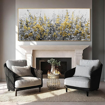 WINKAILIN Black Gold Wall Art Abstract Oil Flower Canvas Grey Painting Modern 32x70 Plant Artwork with Frame for Living Room Office Decoration