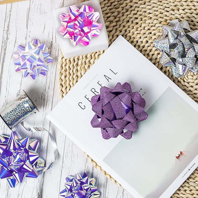 WRAPAHOLIC 14 Pcs Gift Bows Assortment - 12 Multi Colored Assorted Size Gift Bows (Purple, Pink, White, Rose Gold, Silver) and 2 Crimped Curling Ribbons, Perfect for Christmas, Holiday, Party