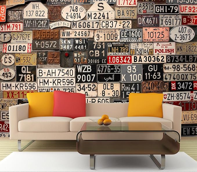 Eierme-Old License Plates from Around The World Mural Wallpaper Peel and Stick 160" x 114"