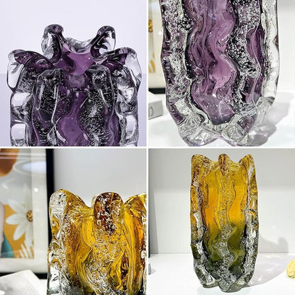 Blown Glass Bubble with Ruffled Edge Vase, Art Glass for Home Decor, Tall Vases for Centerpieces & Flowers, Crystal-Like for Bouquets & Pampas Grass, Vases Amber, Flower Bouquet Display (Purple, S)