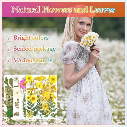 Dried Flowers for Resin, Real Nature Dried Pressed Flower Leaves Bulk with Tweezers for DIY Nail Art Cards Scrapbooking Crafts Jewelry Making Epoxy Resin Molds Candle Accessories Floral Decors