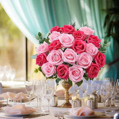 20PCS Artificial Roses with Long Stems - Realistic Silk Flowers, Fake Roses Real Touch Bouquet Roses for Home Decor, Bridal Wedding Table Centerpieces, Faux Rose Flowers (Hot Pink&Pink)