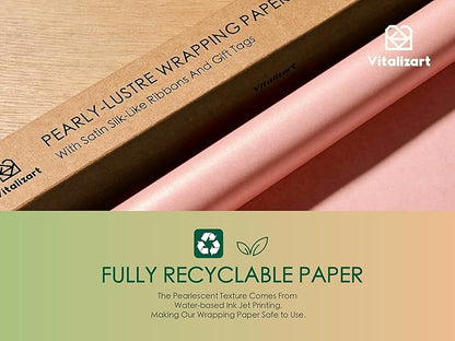 Vitalizart Pink Wrapping Paper Set 17" Pearly-Lustre With Silk Like Satin Ribbon & Gift Tags Recyclable Christmas Gift Wrapping Birthday Baby Shower Wedding Handmade Crafts 197"(16.4 Ft)