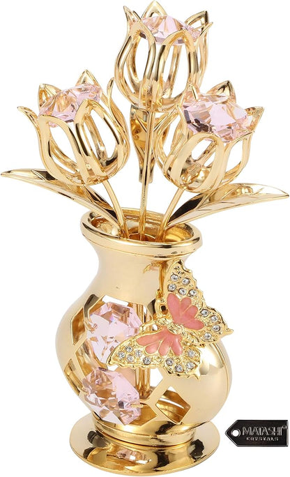 Matashi 24K Gold Plated Flower Ornament with Pink Crystals & Butterfly – Elegant Vase Décor – Perfect Christmas, Valentine’s for Her, Mom, Wife, Grandma