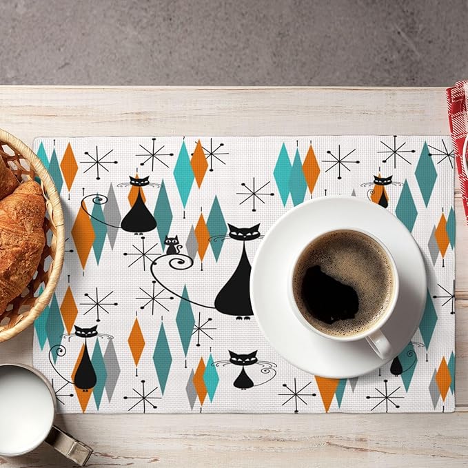 Mid Century Placemats, Modern Minimalist Art Abstract Geometric Atomic Star Explosion Black Cat Print Washable Fabric Placemats Table Kitchen Dining Party 12x18 Inch Set of 4