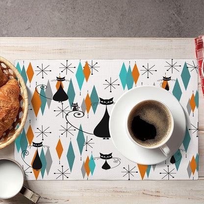 Mid Century Placemats, Modern Minimalist Art Abstract Geometric Atomic Star Explosion Black Cat Print Washable Fabric Placemats Table Kitchen Dining Party 12x18 Inch Set of 4