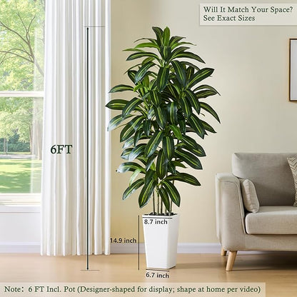 Artificial Dracaena Tree：6FT Faux Silk Tropical Yucca Floor Trees Realistic Fake Green Plant with Natural Wood Trunk & Lifelike Leaves for Home Office Decor Indoor & Outdoor (6FT,1-Pack,White)