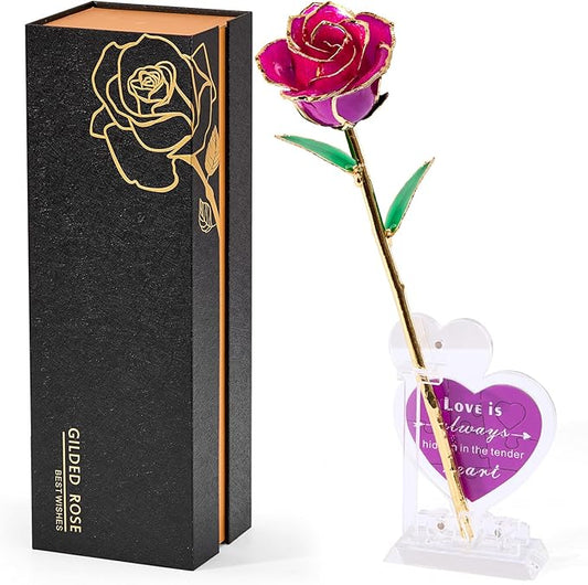Mikasol Real 24K Gold Dipped Realistic Rose – Timeless Lifelike Bloom with Heart Puzzle Base – Romantic Gradient Purple Flower Gift for Her, Wife, Girlfriend, Mom – Birthday, Anniversary, Mother’s Day