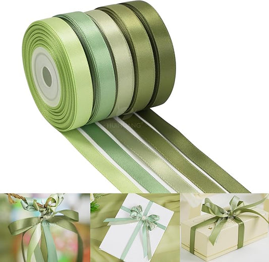 HUIHUANG Sage Green Assorted Satin Ribbon 3/8 inch x 50 Yards - 5 Colors, Perfect for Wedding Decor, Gift Wrapping, Crafts & More