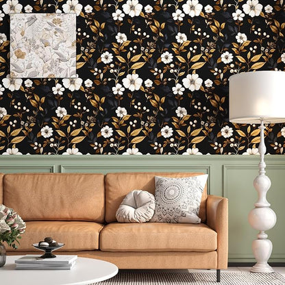 Vintage Black Floral Wallpaper Peel and Stick 17.4" x 118", Retro Golden Leaf White Flower Pattern Contact Paper Classic Removable Covering for Bedroom Bathroom Cabinet Drawer Home Decor Dark