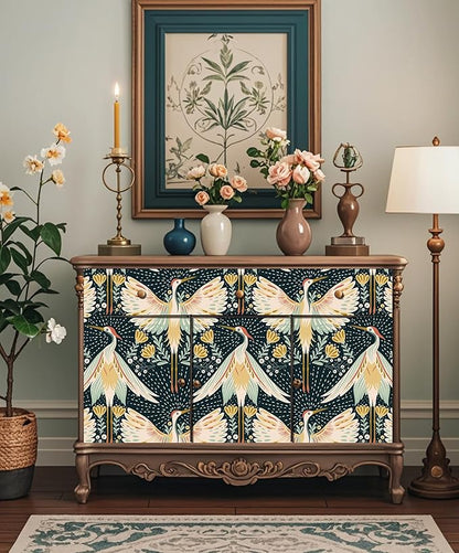 HAOKHOME Crane Wallpaper Peel and Stick Boho Floral Bird Dots Wall Paper Japanese Chinoiserie Dark Green/Beige/Yellow Accent Wall Decor 17.3in x 9.8ft